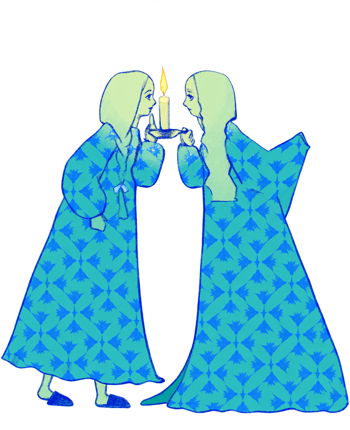 Two patterned blue figures holding a small green light