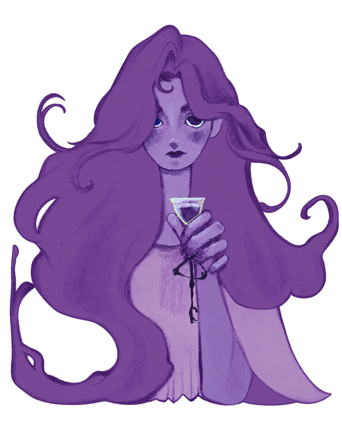 A purple figure beneath an umbrella as rain falls