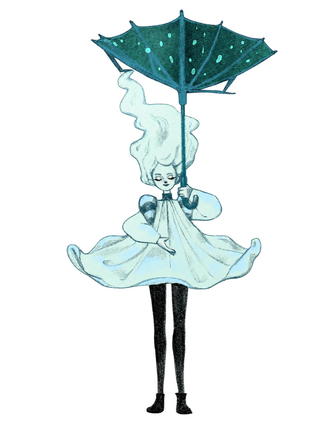 A figure with a transparent umbrella beneath turquoise raindrops